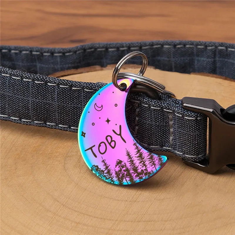 Personalized Moon Pet ID Tag – Stainless Steel Woods & Stars