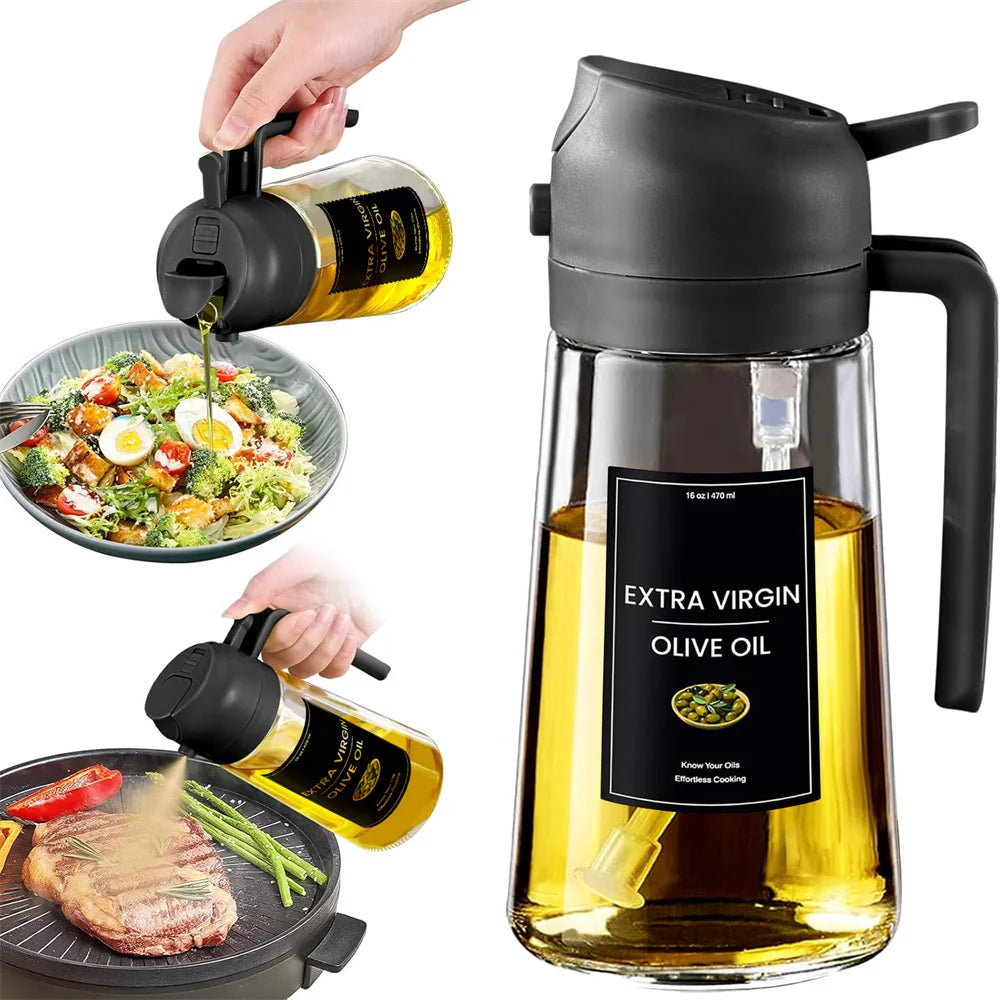 2-in-1 Olive Oil Sprayer & Dispenser - Premium Glass, 16oz with Stickers for Effortless Cooking