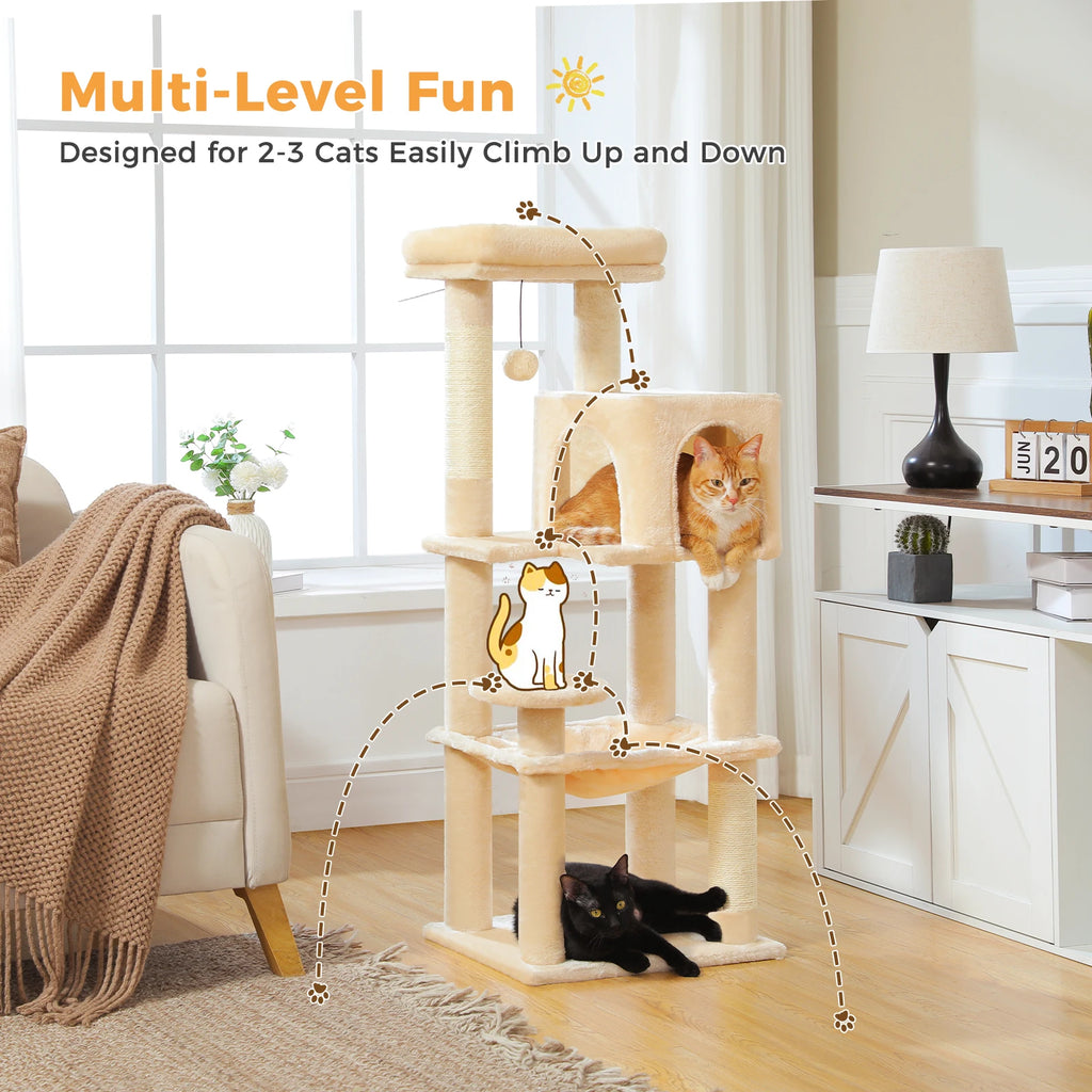 Purrfect Paws Multi-Level Cat Tree with Cozy Condo, Big Hammock & Sisal Scratching Posts for Happy Indoor Kittens