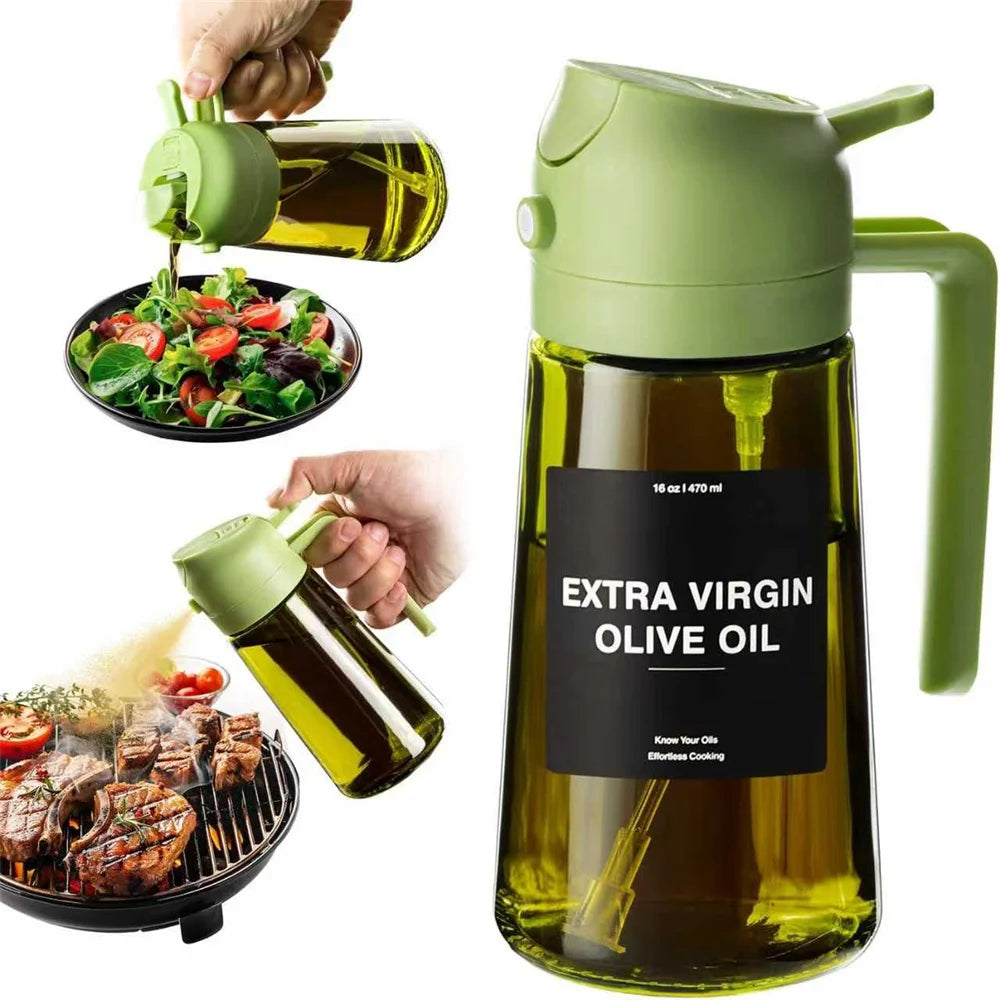 EcoSpray Olive Oil Dispenser - 2-in-1 Sprayer & Pourer, Dark Green Glass, 16oz