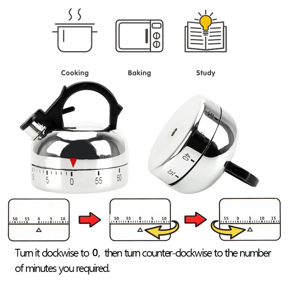 Kettle-Shaped Mechanical Countdown Timer – 60-Minute Cooking Reminder Tool