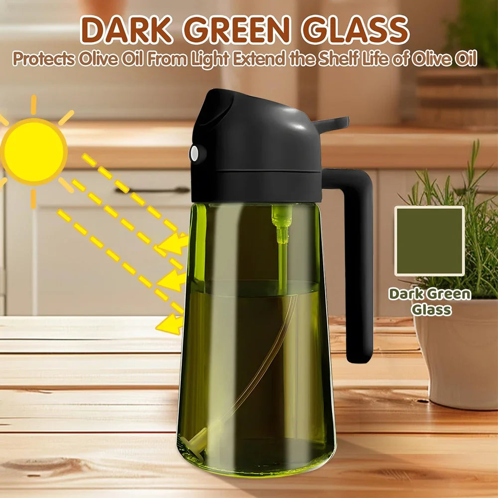 Dark Green Glass Oil Dispenser - 470ML Light-Blocking 2-in-1 Olive Oil Sprayer for Effortless Cooking