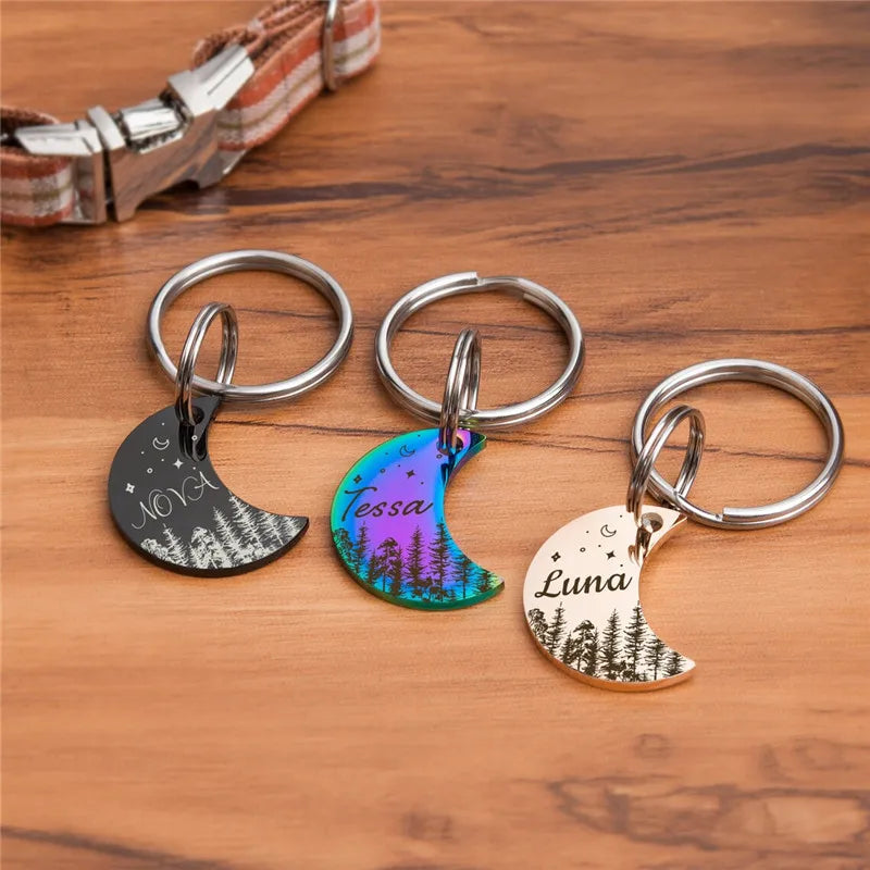 Personalized Moon Pet ID Tag – Stainless Steel Woods & Stars