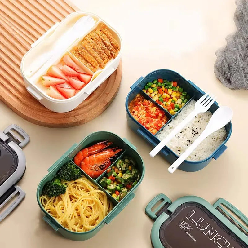 Portable Fruit & Food Storage Box - Double-Layer Lunch Container with Fork & Spoon for On-the-Go Freshness