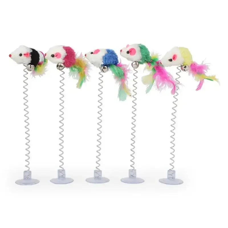 Spring Cat Toy - Interactive Suction Cup with Feather Mouse - Engaging Playtime for Cats - Random Color Pet Accessory
