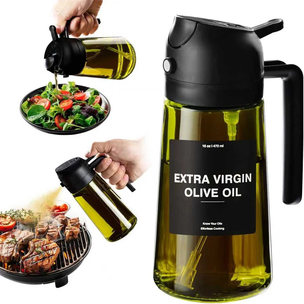 EcoSpray Olive Oil Dispenser - 2-in-1 Sprayer & Pourer, Dark Green Glass, 16oz
