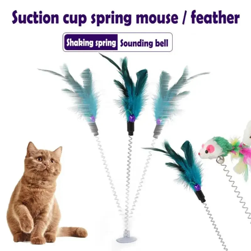 Spring Cat Toy - Interactive Suction Cup with Feather Mouse - Engaging Playtime for Cats - Random Color Pet Accessory