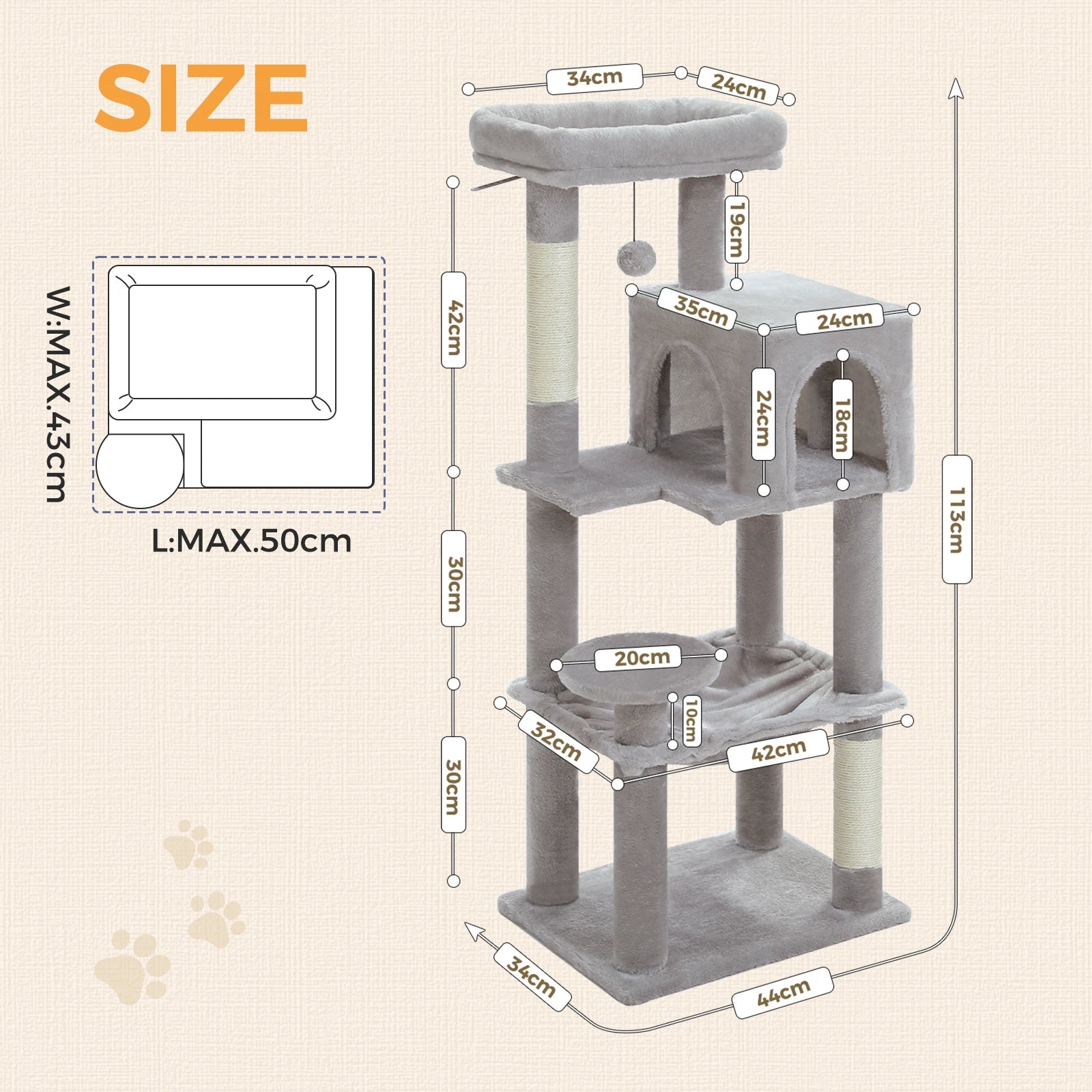 Purrfect Paws Multi-Level Cat Tree with Cozy Condo, Big Hammock & Sisal Scratching Posts for Happy Indoor Kittens