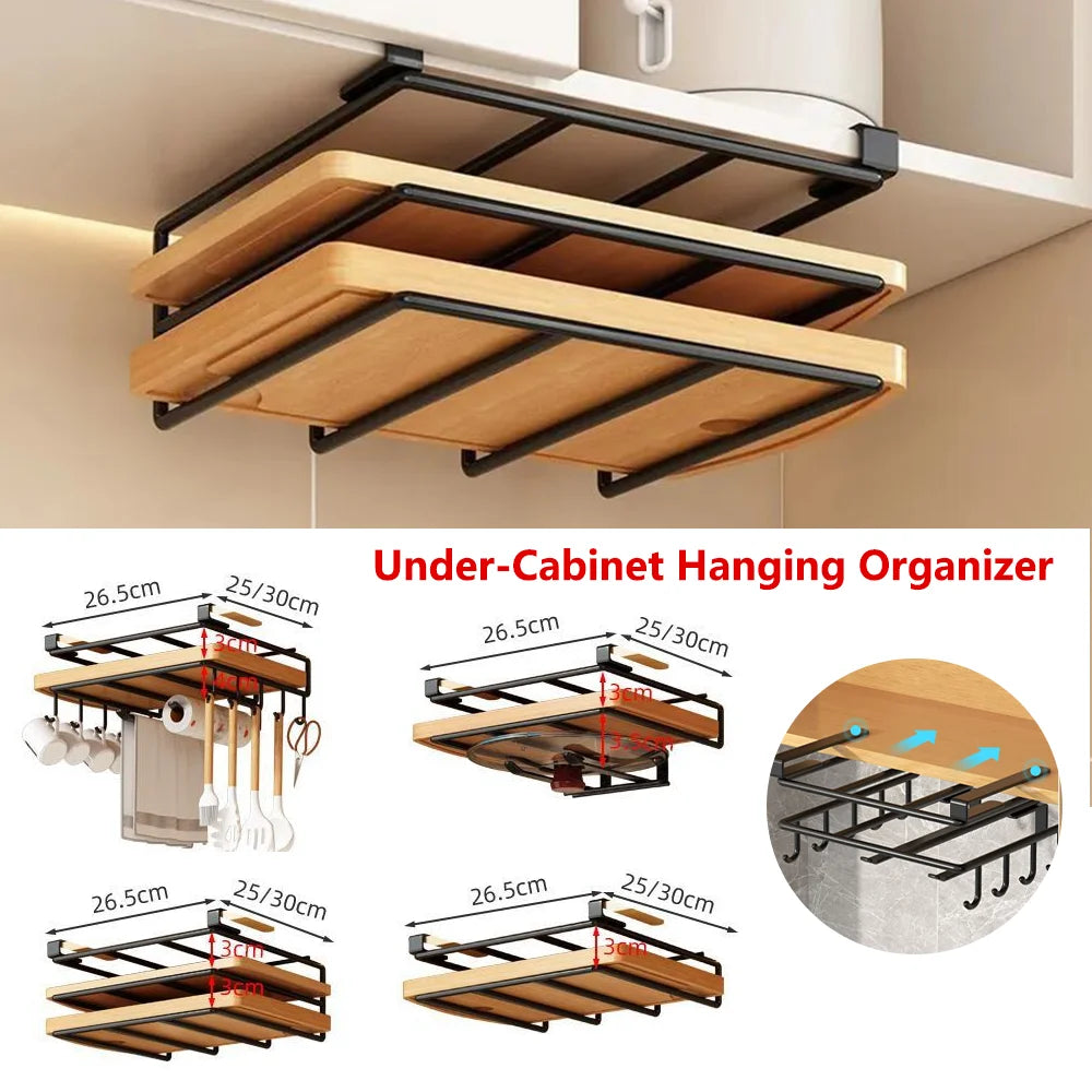 Kitchen Hanging Organizer Rack - Versatile Under-Cupboard Storage for Towels, Boards, and More!