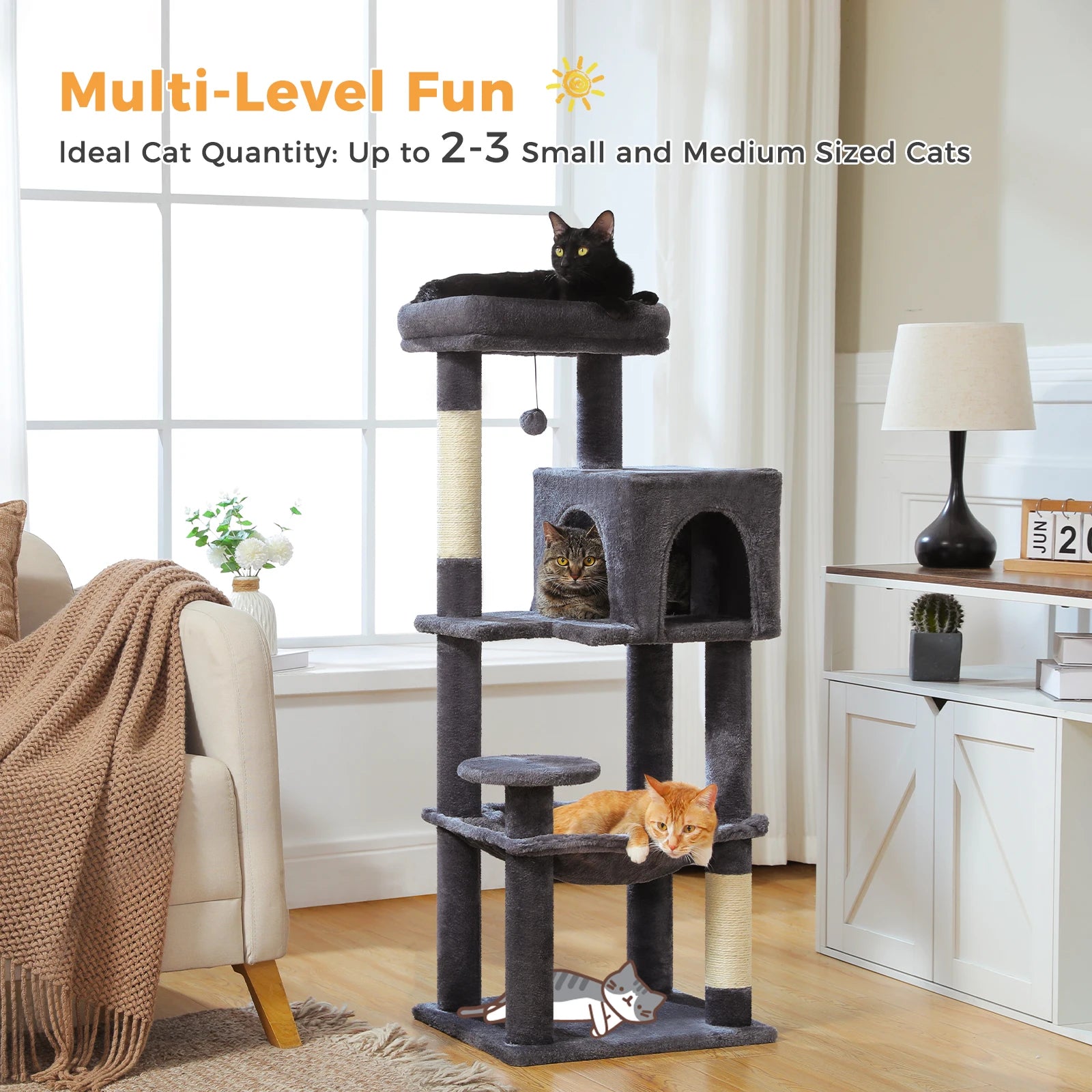 Purrfect Paws Multi-Level Cat Tree with Cozy Condo, Big Hammock & Sisal Scratching Posts for Happy Indoor Kittens