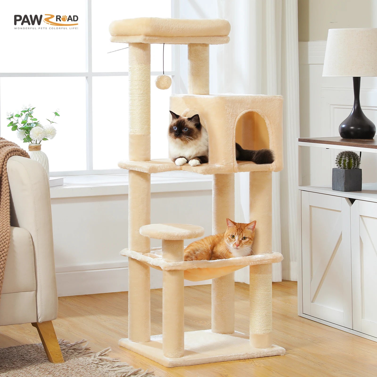 Purrfect Paws Multi-Level Cat Tree with Cozy Condo, Big Hammock & Sisal Scratching Posts for Happy Indoor Kittens