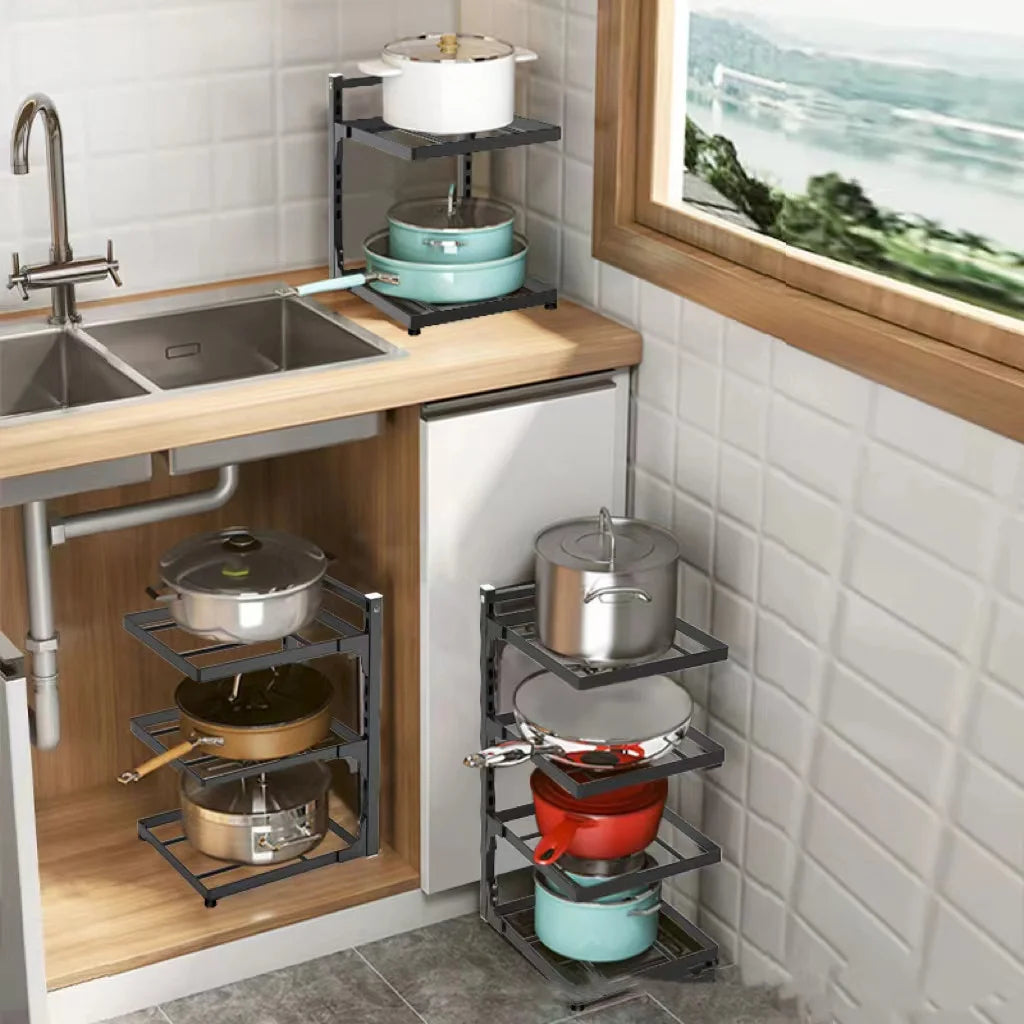 Space-Saving Kitchen Sink Storage Rack | Adjustable Multi-Layer Pot Organizer for Stovetop & Cabinets
