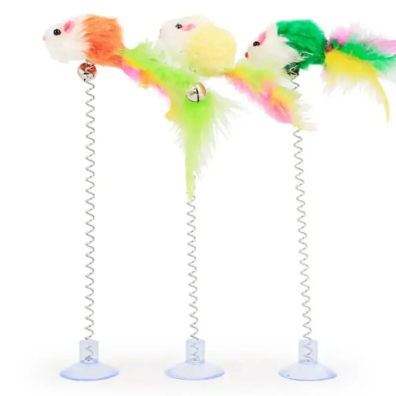 Spring Cat Toy - Interactive Suction Cup with Feather Mouse - Engaging Playtime for Cats - Random Color Pet Accessory